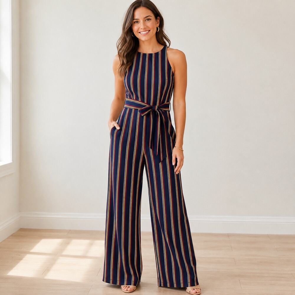Women’s Striped Wide Leg Jumpsuit Navy Burgundy Mustard Belted Sleeveless MP